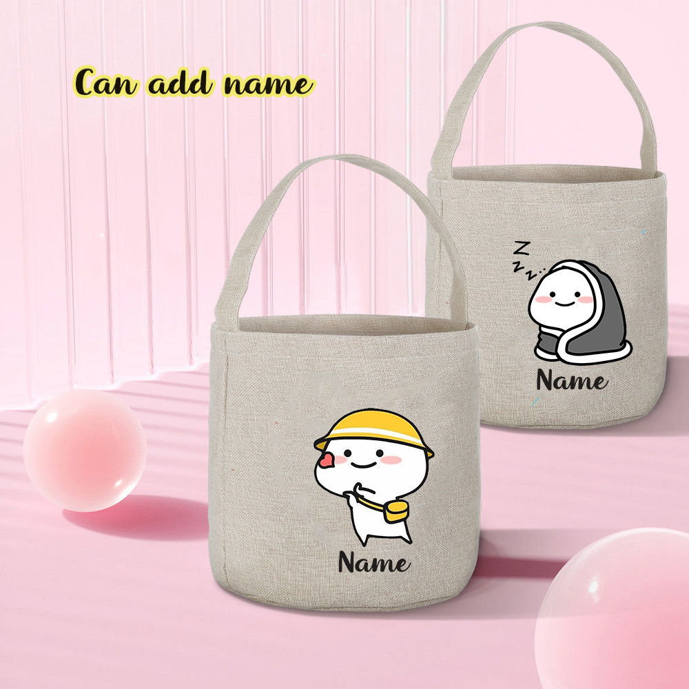 Quby Cartoon Print Add Name Shopping Bag Handbag Tote Bag Large Capacity Imitation Hemp Custom Name Bucket Bag Gift