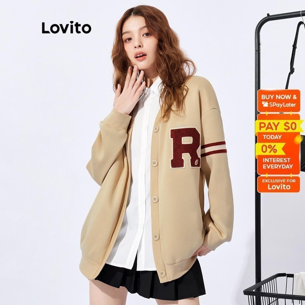 Lovito Casual Letter Unisex Oversized America Retro Jacket L32FW027 (Light Khaki)