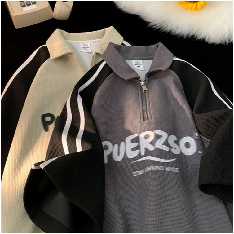 CLIFF Unisex Waffle Shirt Baju Waffle Half Zipper Summer Basketball Baseball Polo T Shirt Men Fashion Lapel Short Sleeve