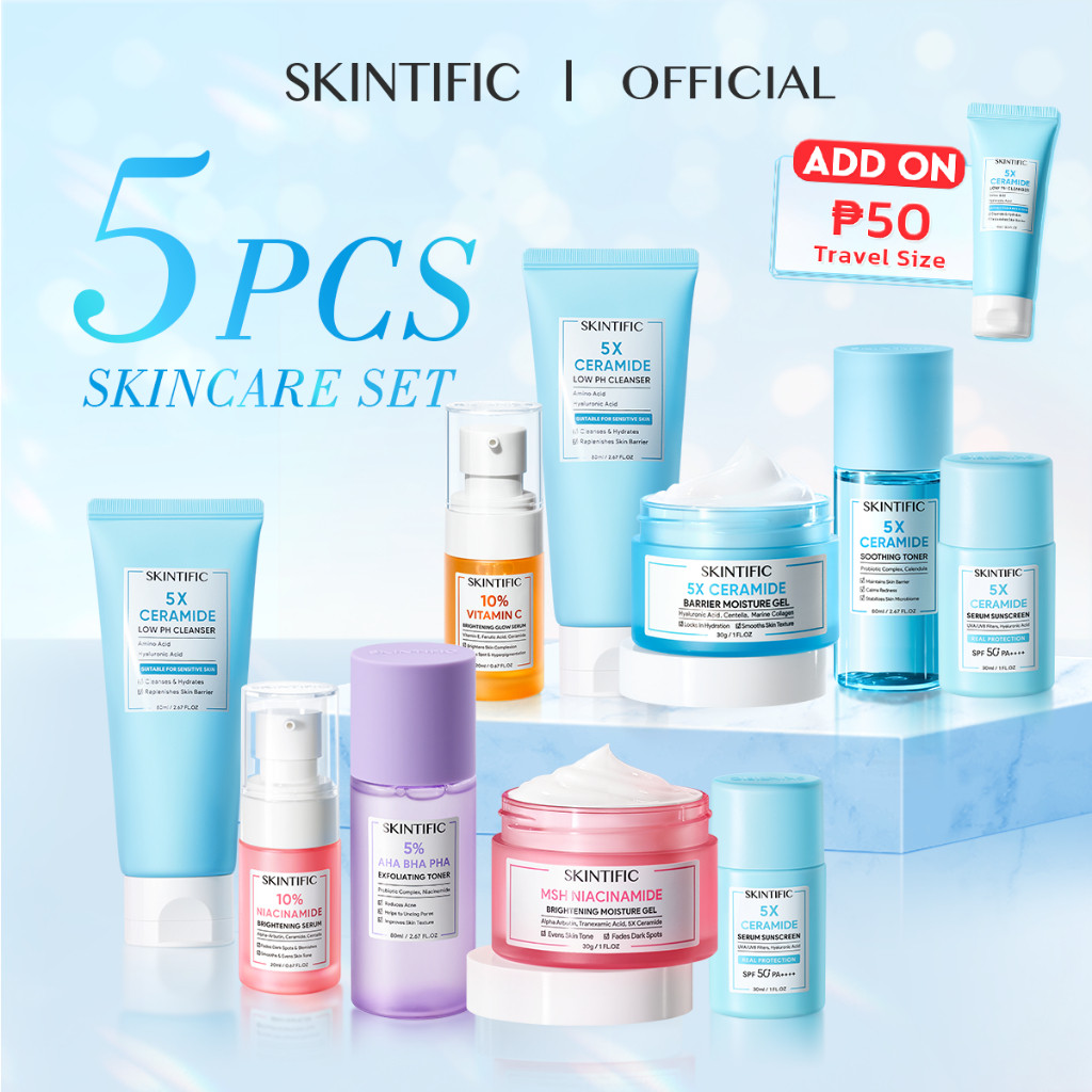 Skintific 5Pcs Skincare Set With Sunscreen Cream Low pH Cleanser Moisture Gel Dark Spot Serum Toner