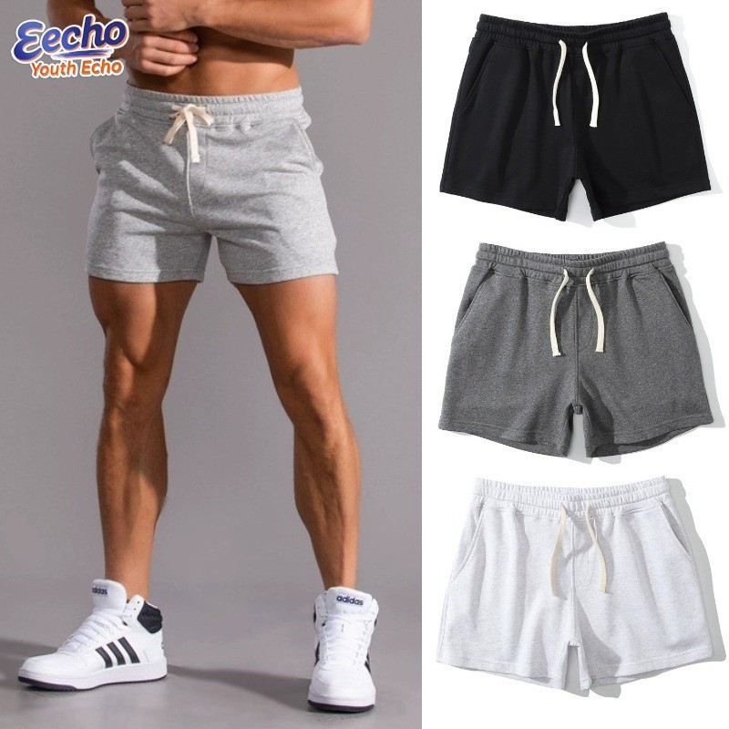 Man's Quality Cotton Seluar Pendek Lelaki Fitness Sports Running Short Pants for Men Casual Beach Shorts 男生短裤 短褲男 裤子 褲子男 Black＆Grey Celana
