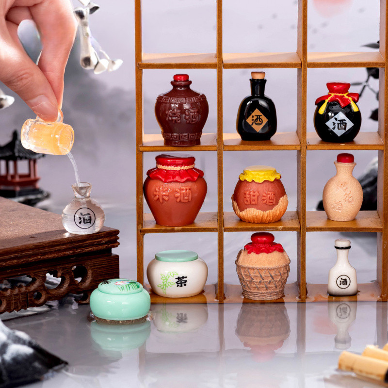 "Artisan Mini Wine Vessel & Tea Jar Set - Hyperrealistic Resin Pottery Crafts for DIY Terrarium Shelf Decor Micro Landscape Accents"