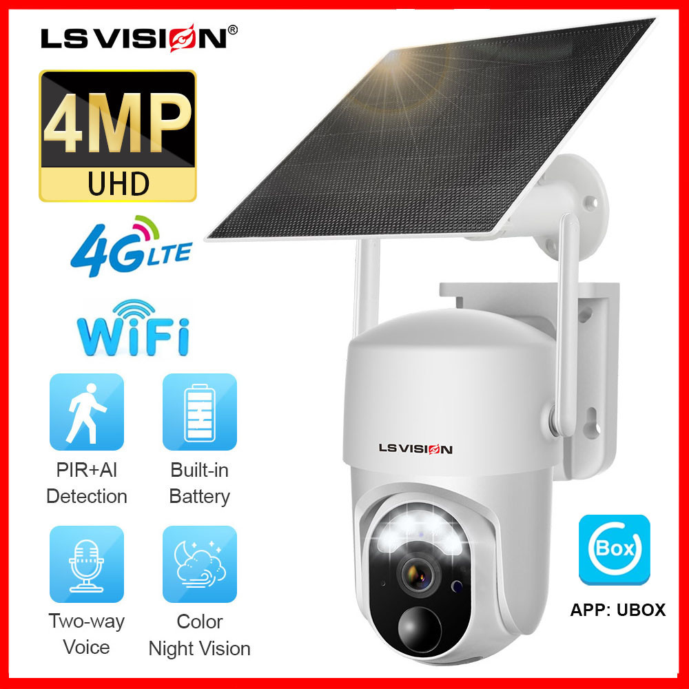 LS VISION 4MP WiFi/4G Sim Solar CCTV Camera Outdoor Waterproof Wireless IP Camera Full Color Night Vision Motion Detection PTZ Home Security Camera with Speaker UBOX