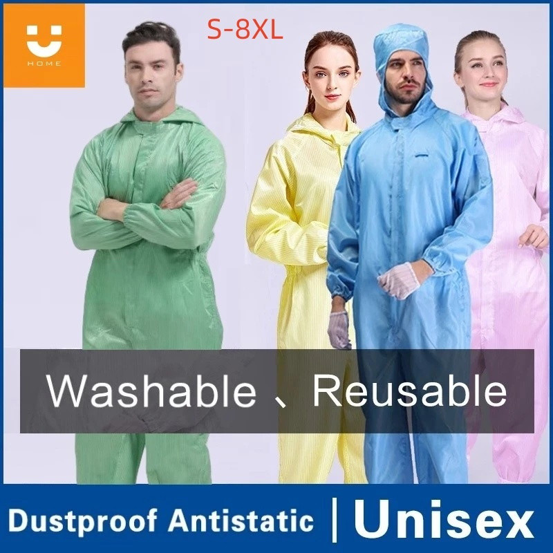 S~8XL Anti Static Jumpsuit Green Coverall ESD 5mm Stripe Line PPE Suit Washable Reusable Clean room laboratory Dust proof Hooded Isolation Overall Protective Work Wear Clothes