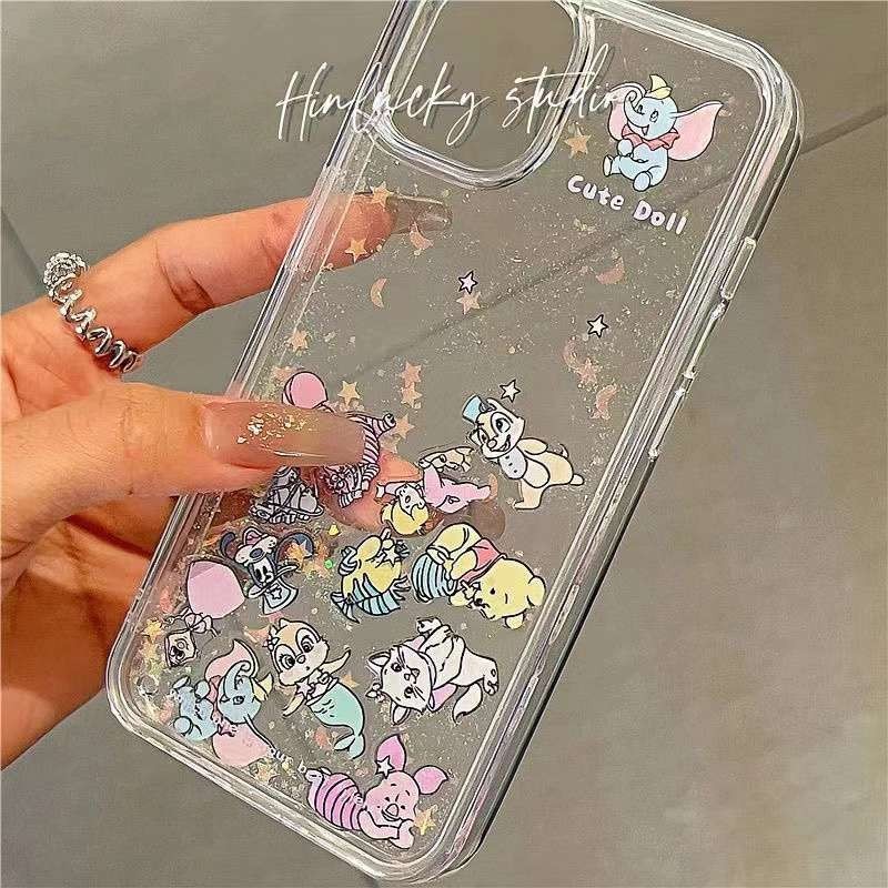 Cartoon Dumbo Winnie Disney Liquid Shinning Quicksand Girl Woman Hard Clear Phone Case for HP iP iPhone 11 12 13 14 15 Pro Max 14 15 Plus FTD Casing Apple High Quliaty Gifts