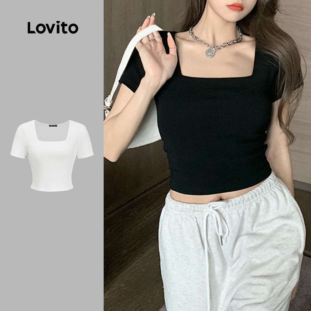 (Hot) Lovito Casual T-Shirt Plain Basic Square Neck T-Shirt for Women LNE11006 (Multi-color)