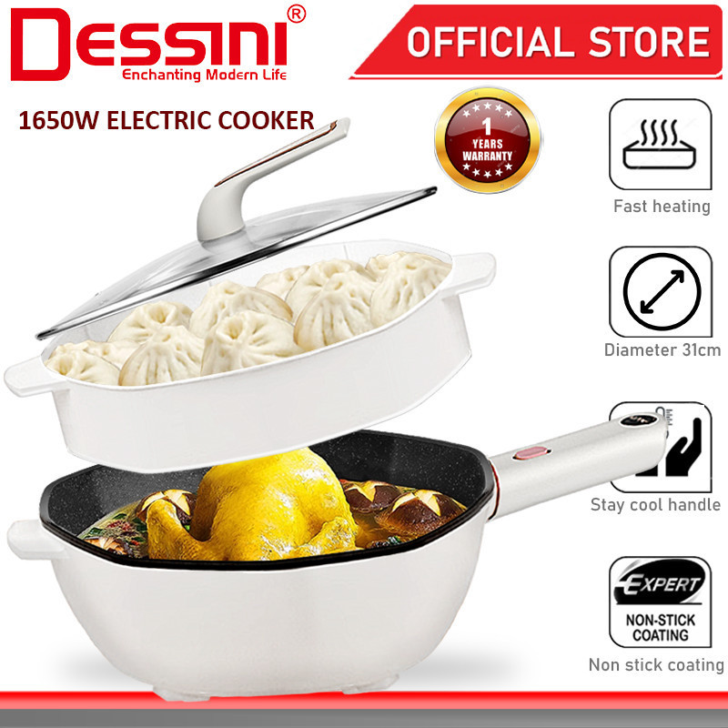 DESSINI ITALY Electric Cooker Steamboat Hot Pot Non Stick Frying Wok Pan Rice Cooker with Steamer Periuk Masak Elektrik