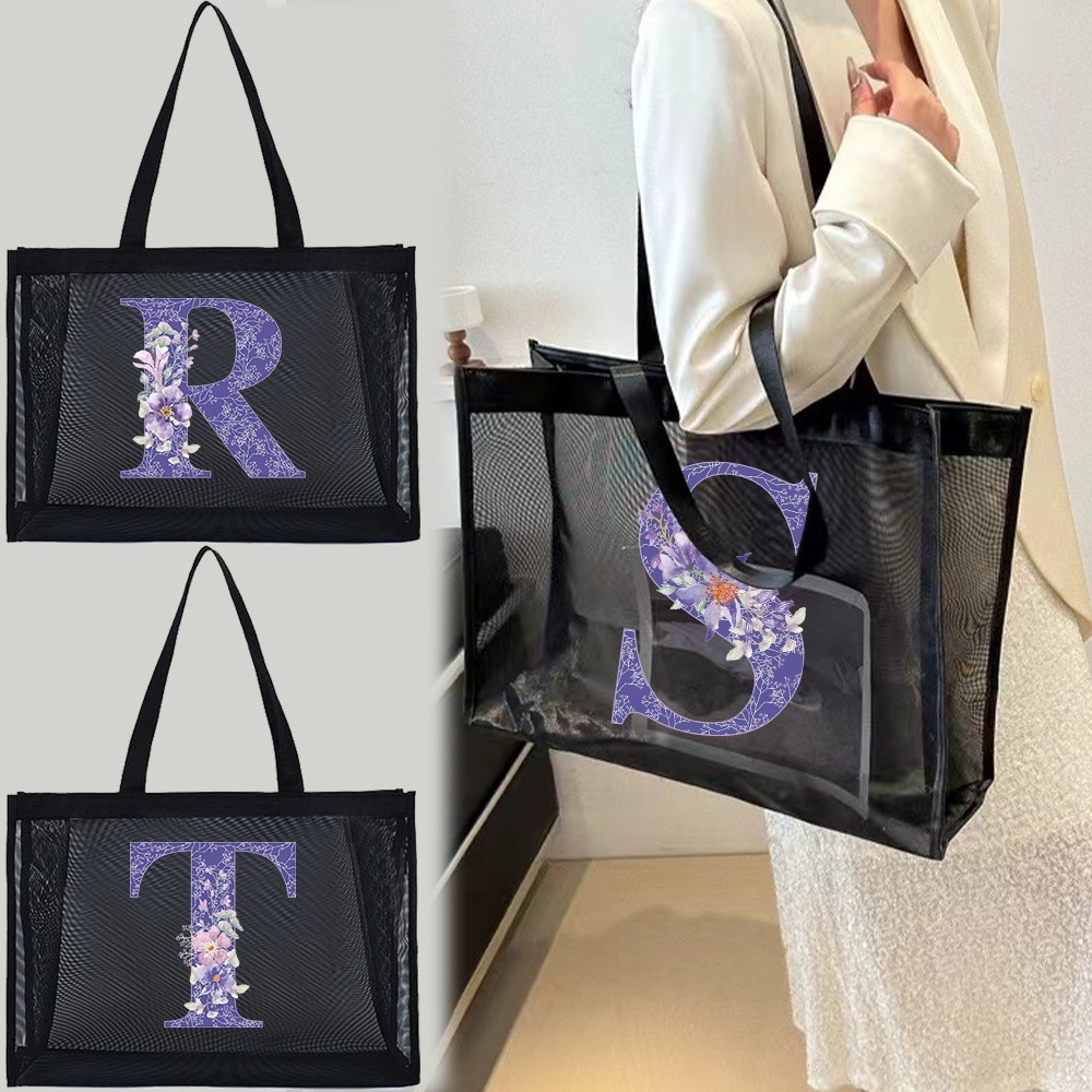 Transparent Tote Bags Mesh Shopping Bag Travel Storage Handbag Women Wallets Organizer Grid Package Purple Flower Series