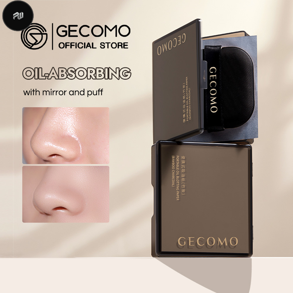 PW GECOMO Oil-absorbing Paper, Bamboo Charcoal Remove Grease Oil Control, with puff mirror Lasting Matte Makeup
