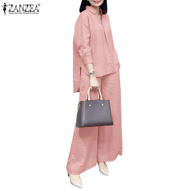 ZANZEA Women Korean Pleated Long Sleeve Top + Pockets Wide Leg Trouser Sets