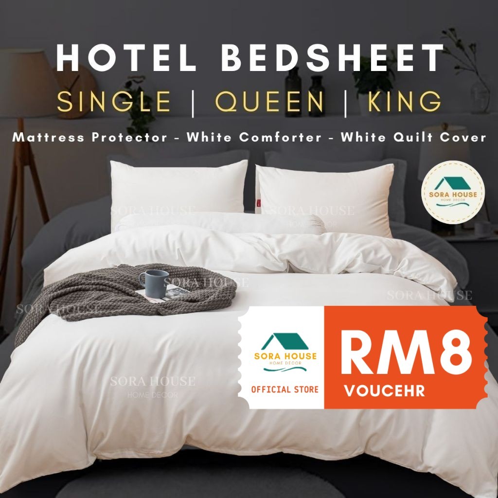 HOT Cotton Plain White Hotel Bedsheet Quilt Cover Comforter Pillow Case BolsterCase Mattress Protector Single Queen King