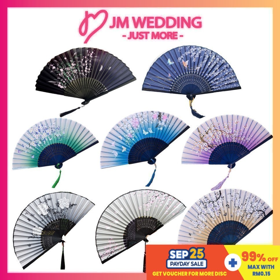 Elegant Floral Black Bamboo Hand Fan Kipas Tangan Lipat Buluh Corak-Garden Gift/Paint Fans Doorgift