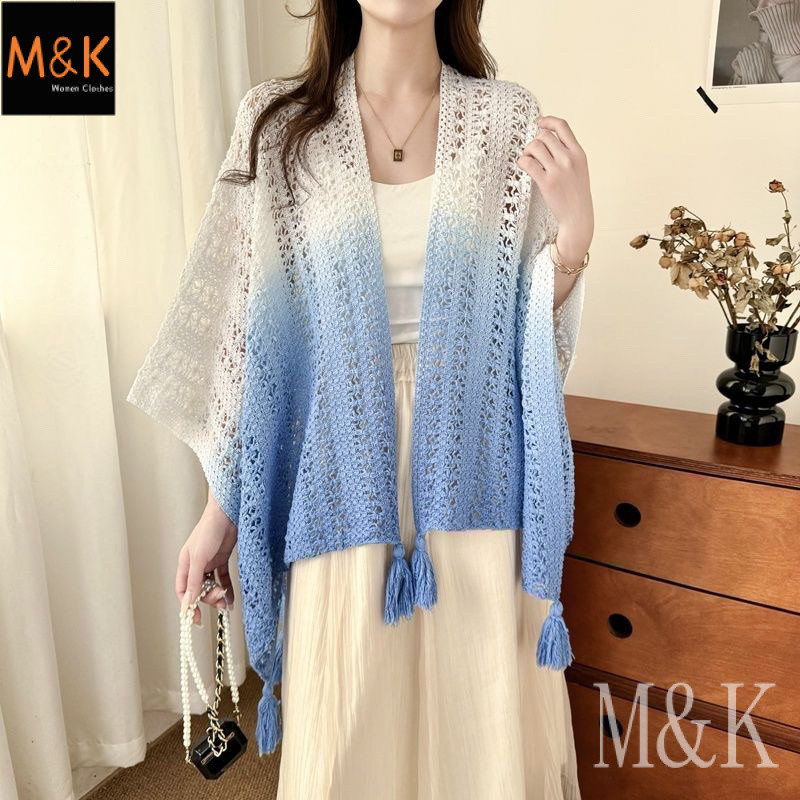 M&K Ethnic Style Knitted Cardigan Women Tie-Dye Hollow Shawl Cloak Woman 針織外套 披肩