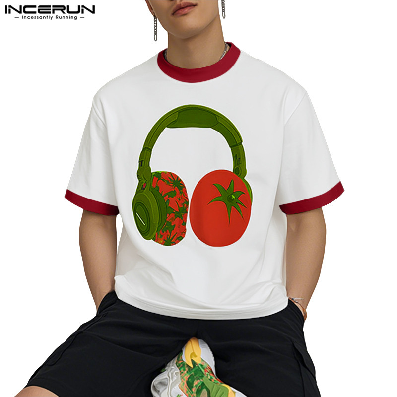 INCERUN Men Korean Trending Men's Outfits Crew Neck Headphones Tomato Print T-Shirts