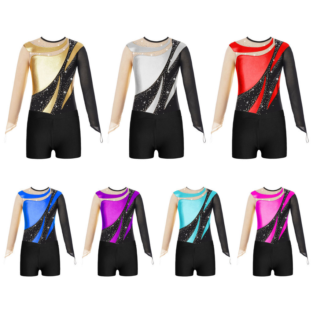 Kids Girls Gymnastics Figure Skating Outfit Leotard Bodysuits Sheer Mesh Long Sleeve Keyhole Back Jumpsuit with Waistband Shorts