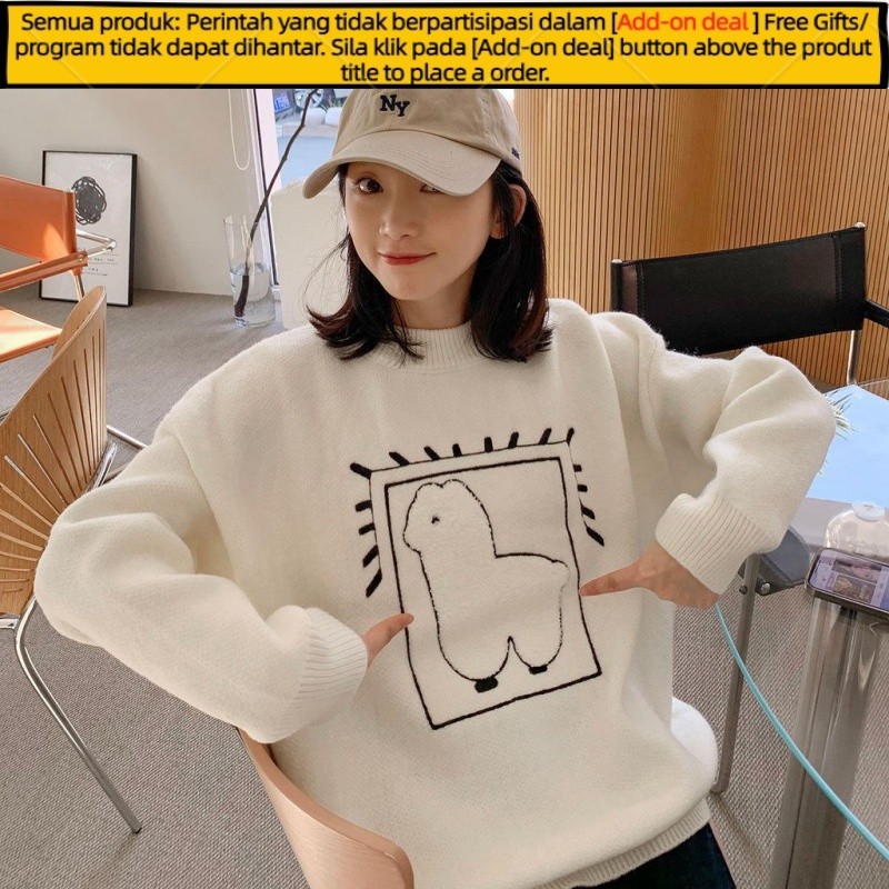 Get gifts/Japanese Sweet Alpaca Sweater Women's Embroidered Crew Neck Pullover Sweater Women's Loose Youthful-Looking T