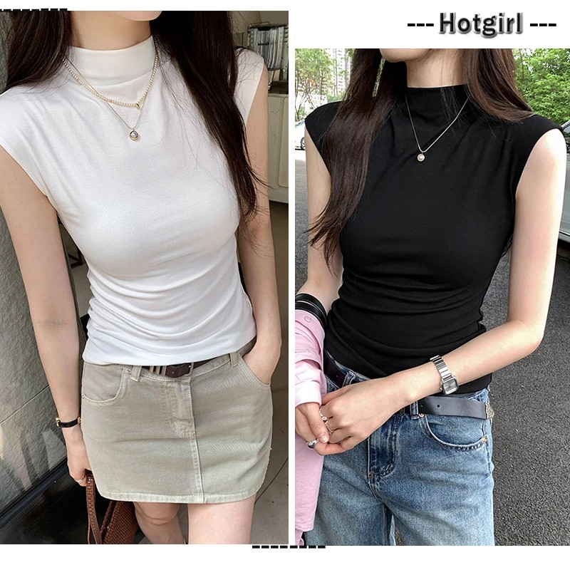 【READY STOCK AT Johor】Hotgirl⭐Korean style gentle short-sleeved T-shirt for women with half turtleneck tight top