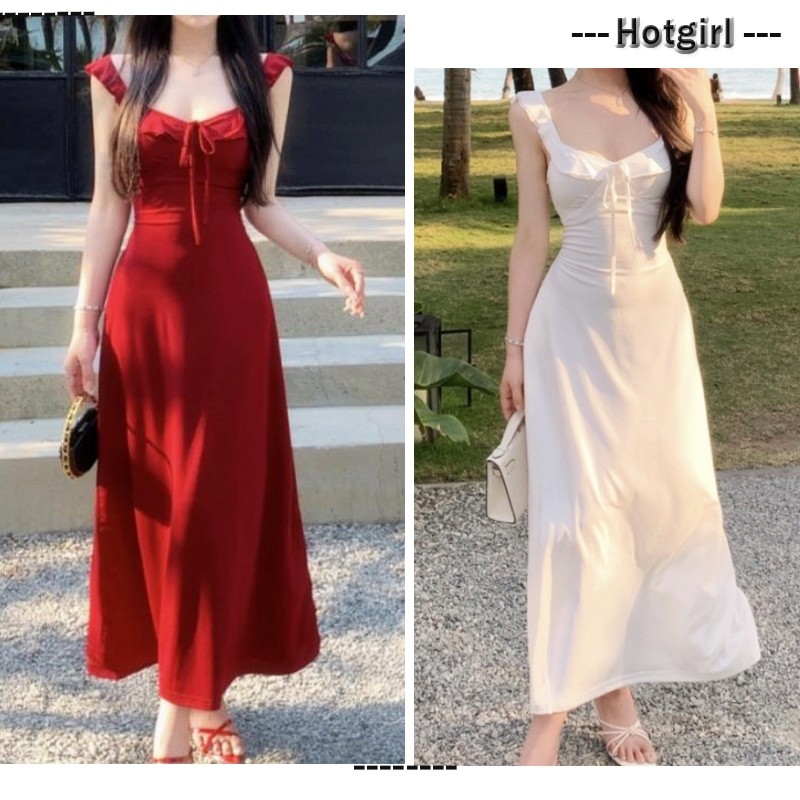 【READY STOCK AT Johor】 Hotgirl⭐White gentle backless suspender dress women's mid-length skirt