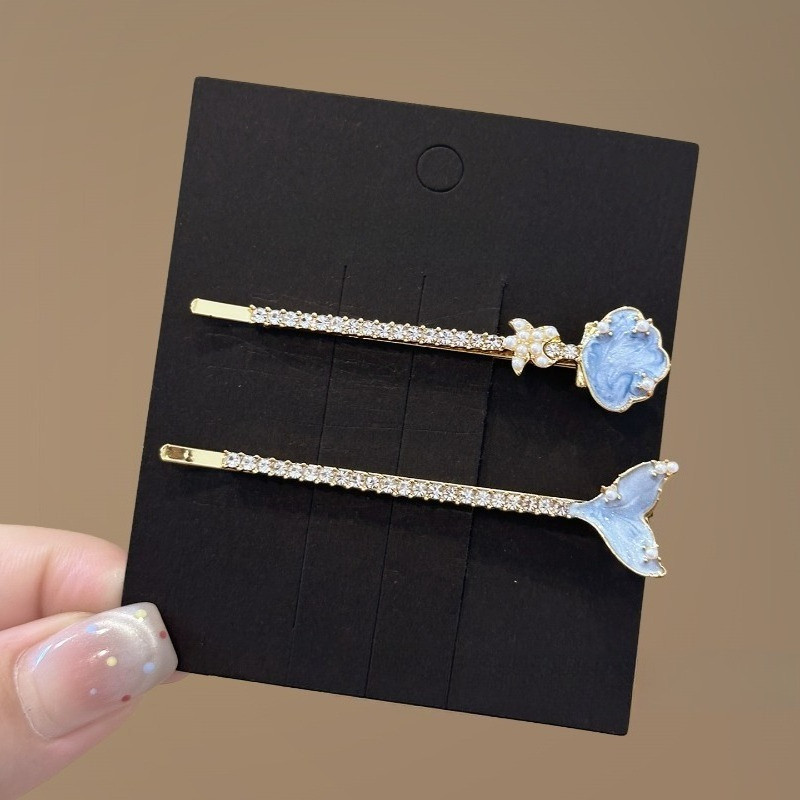 1/2Pcs Fashion Metal Zircon Blue Mermaid Sea Star Clips Side Bangs Hair Accessory