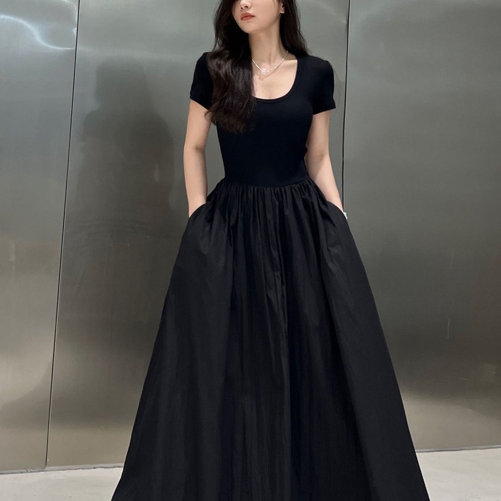 French Hepburn Spring/Summer Dress - Slim Waist, Black Long Skirt