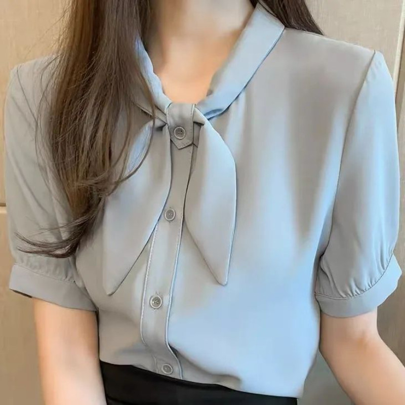 Urban Fashion Simple Short Sleeved Chiffon Women's Blouse Bow Style Professional Women's Tops