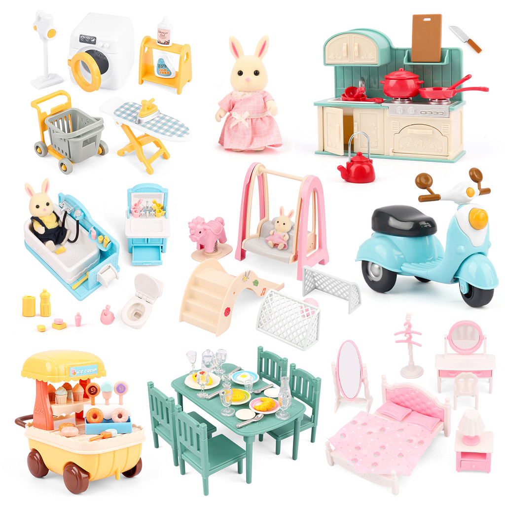 Forest Family Dollhouse Furniture Mini Doll House Furniture Accessories Set Miniature 1:12 Scale Furniture Small Play Toy Kids Toddler Boy Girl Tiny House