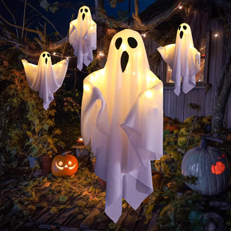 2025 LED Glow Ghost Party Halloween Decoration for Home Indoor Outdoor Haunted House Bar Hanging Horror Props with Lights