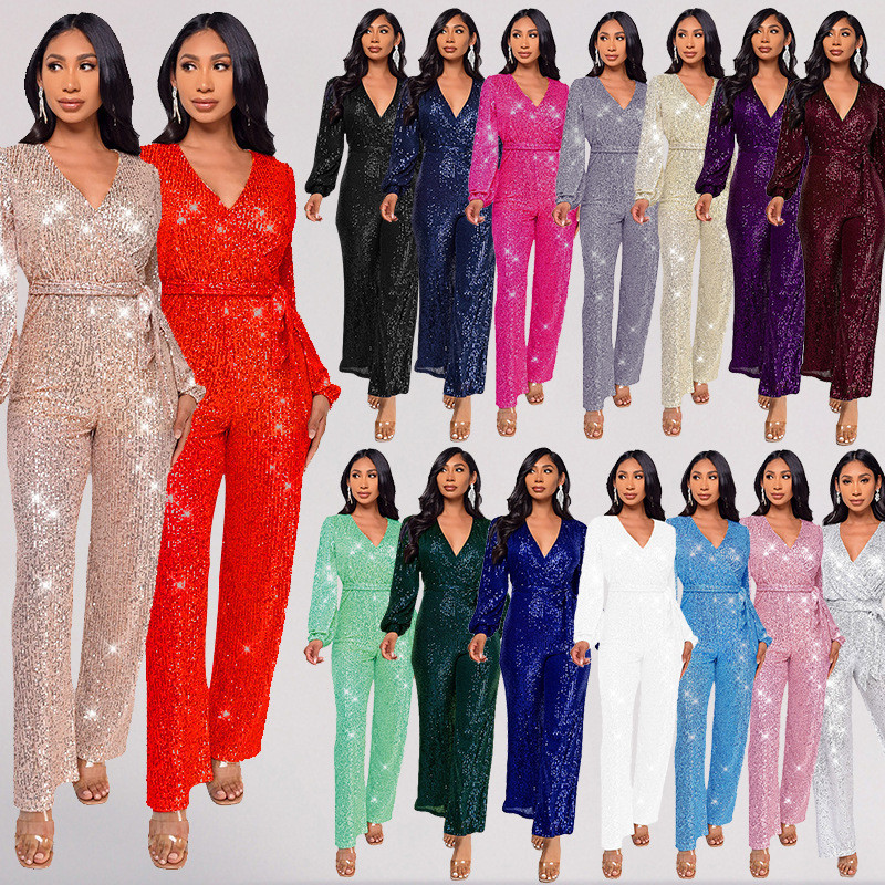 European American Women's Clothing Temperament Elegant Long-Sleeved Belt Jumpsuit Fashion Deep V Sequined Jump