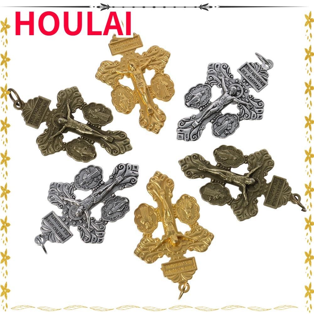 HOULAI 6Pcs Catholic Crucifix, with Medal Design Alloy Pardon Crucifix, Multipurpose 1.4×2.2 Inches High Quality Catholic Rosary Parts Making Catholic Prayer Beads Pendants