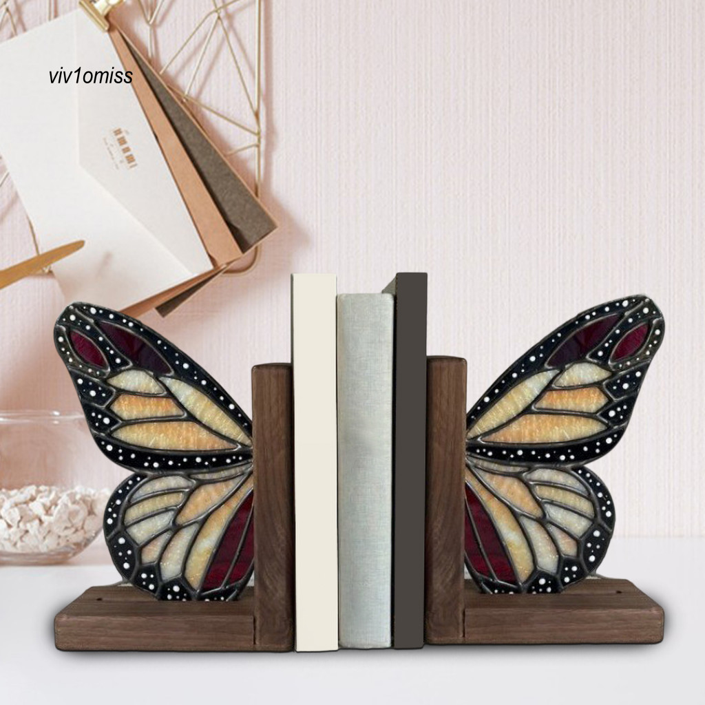 VM_ Wooden Base Bookends Butterfly Bookends Vintage Butterfly Wooden Bookends for Room Bedroom Decor Retro L Shaped Bookend with Butterfly Design Pair of Bookshelf Organizers