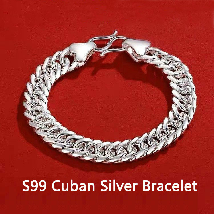 S999 Sterling Silver Bracelet Men's Handmade Whip American Cuban Chain ins Handsome Not Fade