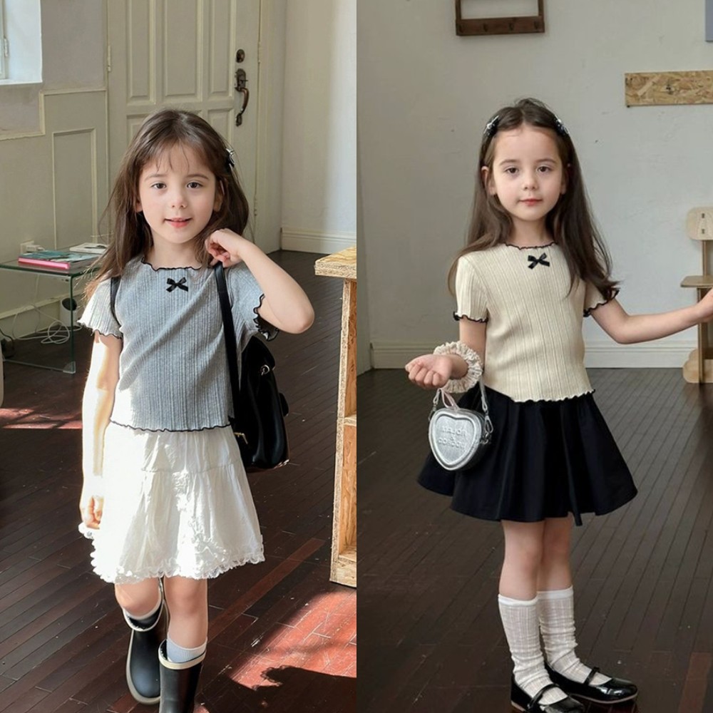 70-140cm Korean Version Of The Girls Bow Tie Short-Sleeved Tops Summer Ice Silk Tops Versatile Wooden Ear Edge Short-Sleeved Tops T-Shirt