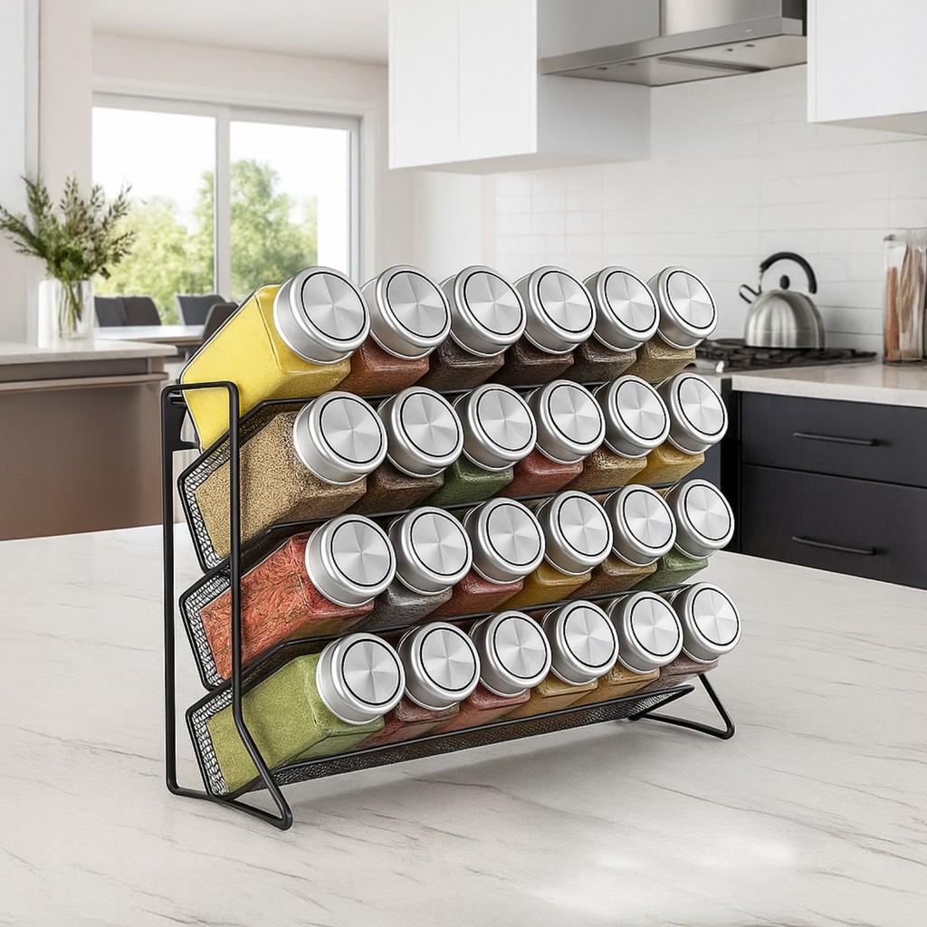 4-Tier Spice Rack – Wall/Table Mount! Black Iron, Open Shelf for Quick Access, Stands or Hangs