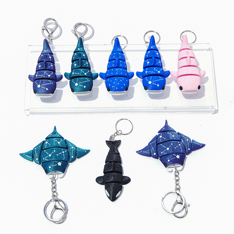 Multi-color 3D Printed Starry Shark Keychain & Manta Ray — Cute Animal Model, Glow-in-the-Dark Toy, Ocean Themed Decor, Best Seller Gift, Realistic Mini Figure