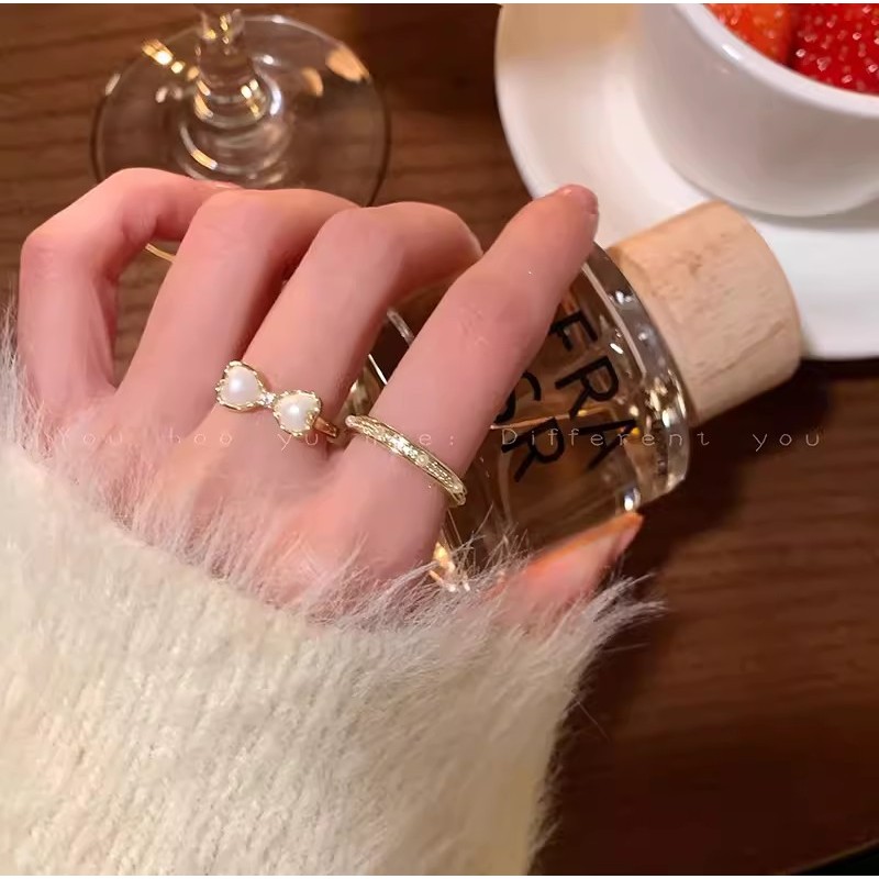 Bow Pearl Ring Female Light Luxury Minority Design Sense Switchable Index Finger Ring Refined Grace Simple All-Match Earrings