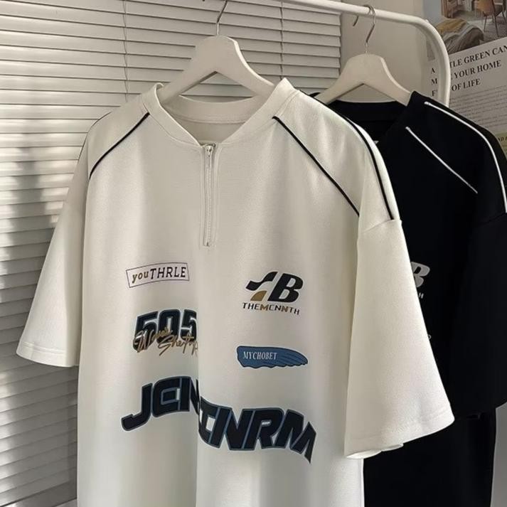 【Teen Style】Korean fashion oversized motorcycle zipper T-shirt men and women mens summer all-match letter printed loose round neck short sleeve t-shirt