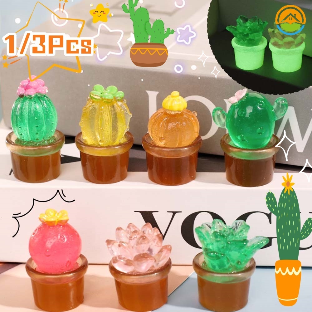 1/3Pcs Creative Mini Luminous Simulation Cactus Ornaments- Cartoon Resin Succulents Potted Plant Statue Decoration