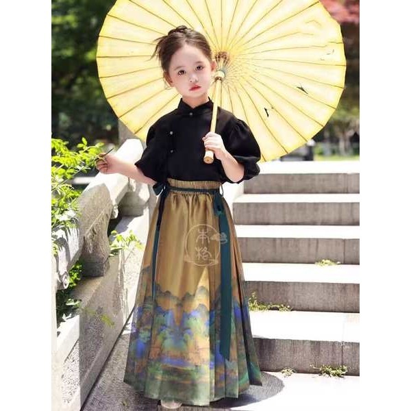 skirt 马面裙 Gaya kuno gadis Hanfu asal Benge, musim bunga dan musim panas set skirt muka kuda Hanfu ibu bapa-anak yang dipertingkatkan, beribu-ribu batu sungai dan gunung, gaya Cina