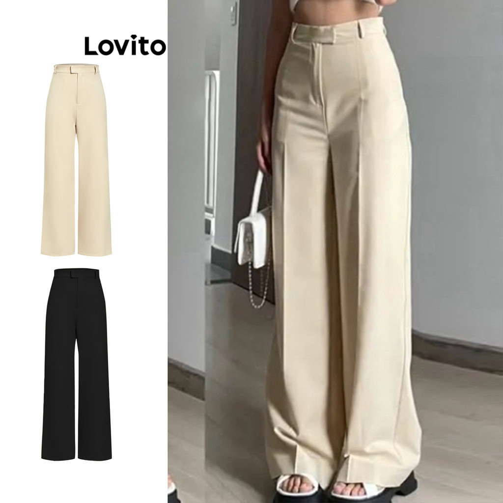 Lovito Casual Plain Pocket Pants for Women L67AD135 (Khaki) Celana Saku Polos Kasual Lovito untuk Wanita