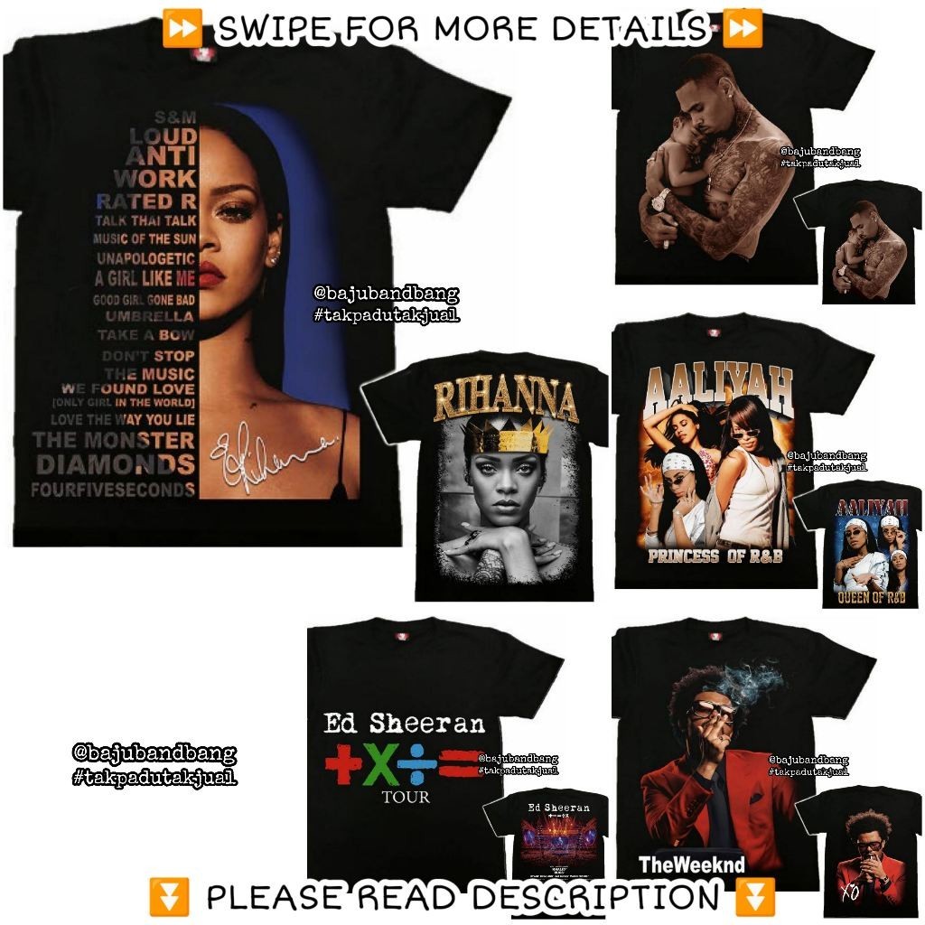 Baju Band Rihanna Weeknd Chris Brown Aaliyah Ed Sheeran Band Tshirt Raptees Pop R&B Rap Hip Hop Bootleg | Hot Rock Yeah