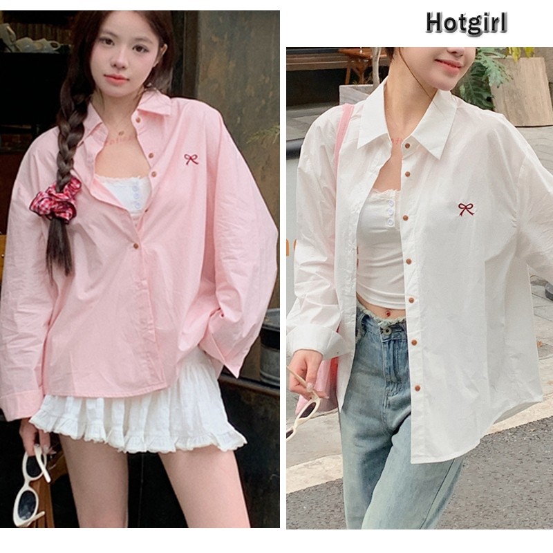 【READY STOCK AT Johor】 Hotgirl⭐Bowknot Printed Long Sleeve Shirt Women's Loose Casual Shirt Jacket