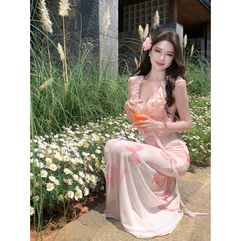 Pale pink floral dress with ruffles | AJINI