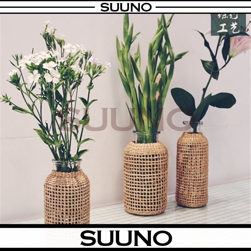 Boho Glass Pasu Flower Vase with Rattan Cover Flower Pot Handmade Rattan Flower Vase for Home