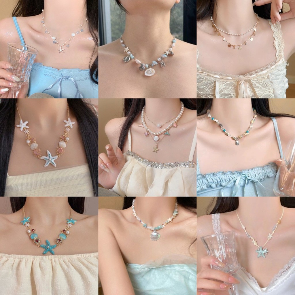 Boho Starfish Shell Necklace for Women Layered Faux Pearl Beach Jewelry with Mermaid Pendant