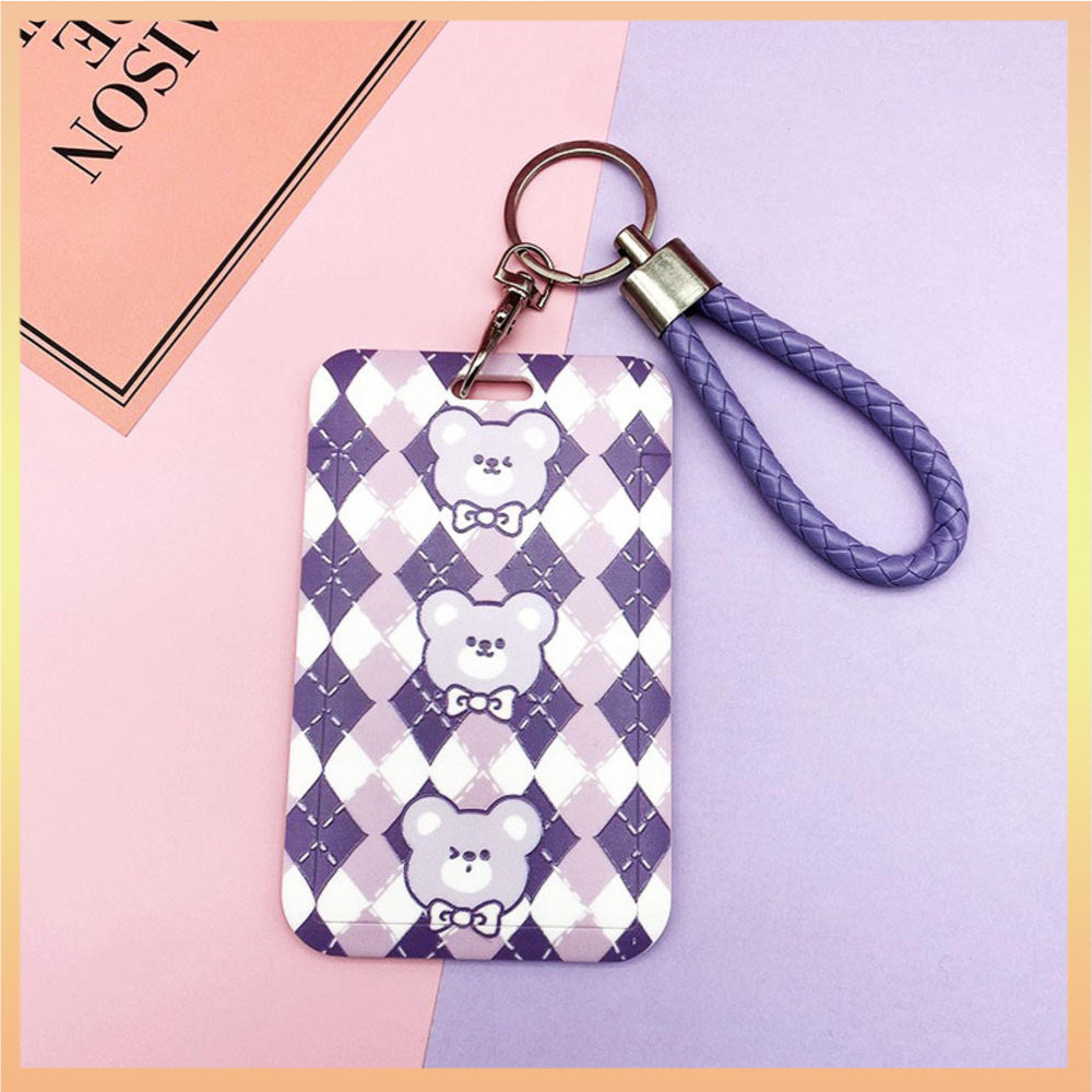 Cute Cartoon Purple Bear Card Holder Student Meal Card Public Transport Underground Traffic School Card Access Card Protective Cover Badge Lanyard