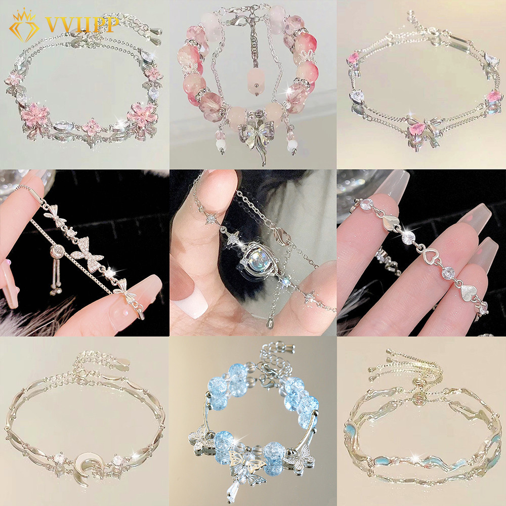 ✨✨Korean Silver Heart Bow Bracelets for Women Crystal Butterfly Star Moon Beads Bracelet Accessories Jewelry Gift✨✨