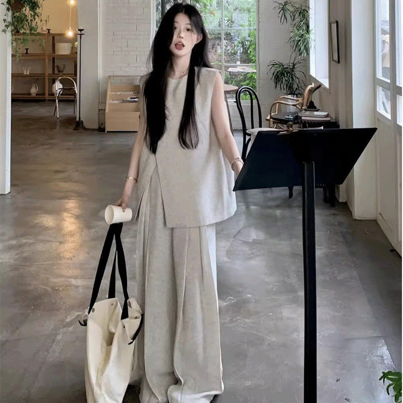 Fashion Lazy Style Suit Women New Style Summer Irregular Sleeveless Vest Top Casual Wide-Leg Pants Two-Piece Suit