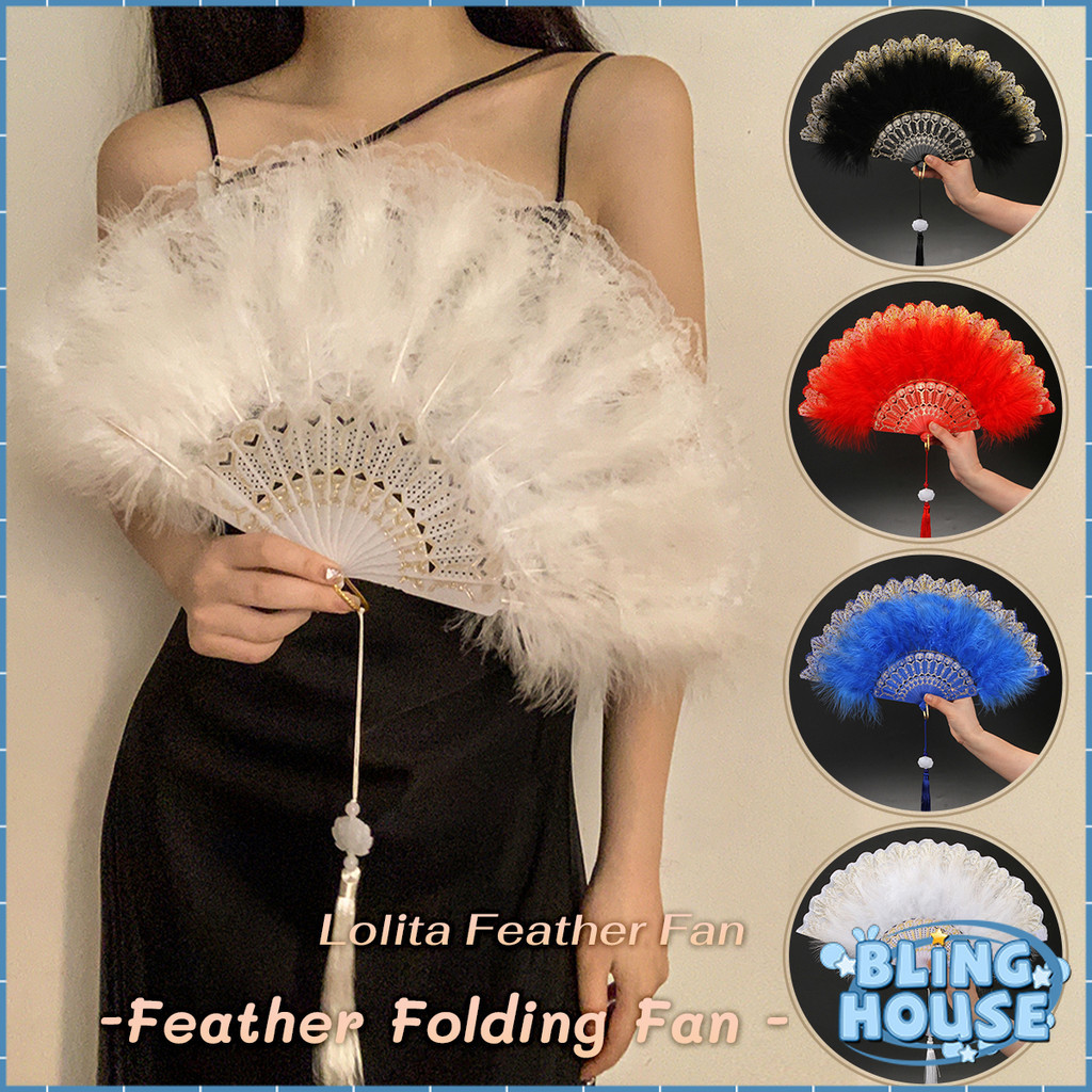Bling Feather Fan Folding Fan for Lolita Costume Accessories Dance Wedding Party Decor