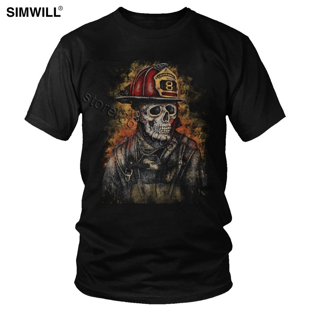 Vintage Skull Firefighter T-shirt Men Short Sleeved Rescue The Fire Hero Tshirt Novelty Design T Shirt Gift Tee Merchandise