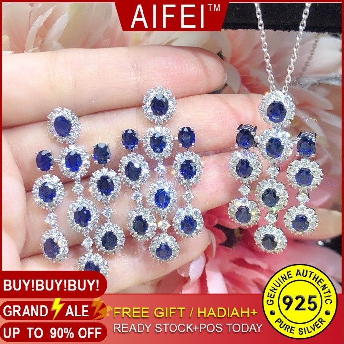 New Luxury Blue Diamond Long Premium Goddess Style Royal Sapphire Necklace Pendant Set for Women-JHS2-S